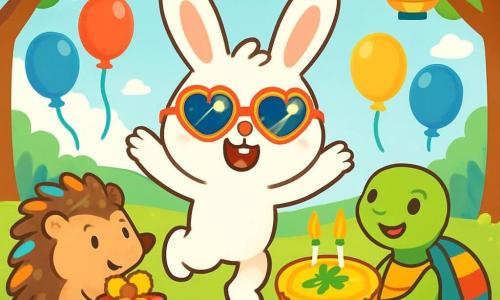 Au centre de l'image, Léo, un petit lapin blanc aux grands yeux et aux oreilles pelucheuses, bondit de joie avec un sourire éclatant et porte des lunettes de soleil en forme de cœur. À sa droite, Dame Tortue, souriante, tient une tarte au trèfle dorée, et à sa gauche, Monsieur Hérisson, joyeux, regarde Léo en tenant un paquet cadeau. Le décor est une clairière enchantée entourée d'arbres verdoyants et de fleurs multicolores, illuminée par des lanternes en papier. Léo s'apprête à souffler les bougies de sa tarte d'anniversaire, avec des ballons colorés flottant autour de lui.