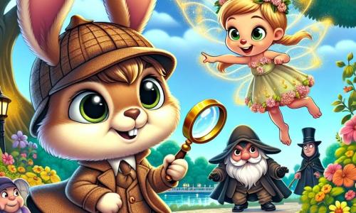Un lapin nommé Léon, avec une fourrure caramel et de grandes oreilles, se tient courageusement au centre de la scène, portant un chapeau de détective et tenant une loupe, affichant une expression déterminée. À ses côtés, une petite fée aux ailes scintillantes, vêtue de pétales de fleurs, vole joyeusement en lançant des paillettes dorées. En arrière-plan, un homme mystérieux en manteau noir observe la scène avec un sourire malicieux. La scène se déroule dans un parc urbain animé, entouré d'arbres majestueux et de fleurs colorées, où des créatures magiques se rassemblent. Léon propose à l'homme de devenir ami avec ces créatures au lieu de les voler, tandis que les fées dansent autour d'eux.