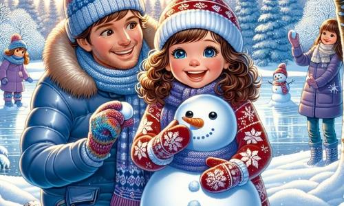 Au centre de l'image, une petite fille de 9 ans, Léa, avec des cheveux châtains bouclés et des yeux pétillants, construit un bonhomme de neige. Elle porte un pull rouge avec des flocons, un bonnet en laine et des gants colorés, exprimant excitation et sourire éclatant. À côté d'elle, son père, un homme d'une trentaine d'années avec une barbe brune et des lunettes, l'aide à former une grosse boule de neige, vêtu d'une doudoune bleue. En arrière-plan, sa mère, habillée d'un manteau violet, tient une tasse de chocolat chaud, observant tendrement la scène. Le parc hivernal est recouvert de neige sous le soleil, avec des arbres chargés de neige et un lac gelé au loin. La situation montre Léa et son père riant et jouant ensemble, tandis que sa mère les regarde avec un sourire chaleureux, créant une ambiance de bonheur familial.
