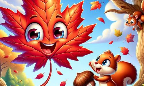 Feuille Fripouille, une petite feuille d'érable rouge et orange, danse dans l'air frais de l'automne avec un sourire éclatant. À côté, un écureuil malicieux grimpe sur une branche, tenant une noisette et regardant la feuille avec enthousiasme. Le jardin est rempli d'arbres colorés, de fleurs fanées et de marrons sur le sol, sous un ciel bleu parsemé de nuages blancs. Feuille Fripouille s'élance dans les airs, prête à explorer le jardin, encouragée par l'écureuil.