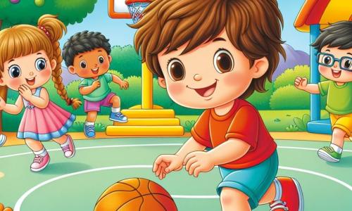 Léo, un petit garçon de 2 ans aux cheveux bruns en bataille et au grand sourire, dribble un ballon de basketball sur un terrain de jeu coloré. Il porte un t-shirt rouge et des shorts bleus, ses yeux brillent d'excitation. À ses côtés, Mia, une fille de 3 ans avec des cheveux blonds tressés et une robe rose, applaudit de joie. Tom, un garçon de 4 ans avec des lunettes et un t-shirt vert, se prépare à recevoir le ballon, tandis que Sam, un garçon de 3 ans avec des cheveux noirs et un short jaune, court en arrière-plan. Le terrain est entouré d'arbres et de fleurs, avec un ciel bleu et des nuages blancs. Au fond, un panier de basketball en bois attend le prochain tir. Léo passe le ballon à Max, un garçon de 5 ans qui sourit et se prépare à tirer. L'atmosphère est joyeuse et pleine d'énergie, illustrant l'esprit d'équipe et le plaisir du jeu.