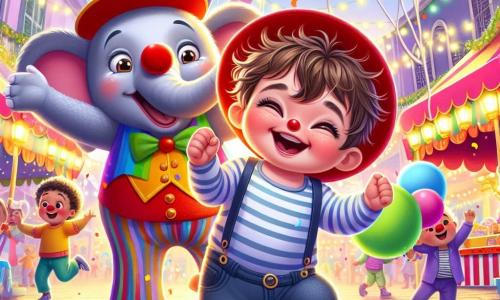Léo, un petit garçon d'un an aux cheveux bruns en désordre et aux yeux pétillants, porte un chapeau rouge vif et danse avec un grand sourire, entouré de couleurs éclatantes et de confettis. À ses côtés, un clown joyeux d'environ 30 ans, avec un visage peint en blanc et un nez rouge, jongle avec des ballons multicolores tout en riant et en encourageant Léo. Un éléphant amical de taille immense, avec une peau grise, lève sa trompe pour saluer Léo et danse avec ses grandes oreilles. Ils se trouvent dans une rue animée décorée de guirlandes et de lanternes, où des enfants rient et jouent, créant une atmosphère festive. L'image montre Léo, le clown et l'éléphant célébrant ensemble la magie d'une journée ensoleillée au carnaval.