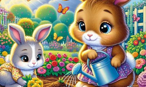 Noisette, un petit lapin brun au pelage doux, se tient au centre d'un jardin vibrant de fleurs colorées. Son expression mélancolique et déterminée, avec ses grandes oreilles tombantes et ses yeux brillants, trahit une profonde émotion. À ses côtés, sa sœur Plumette, un lapin blanc aux yeux pétillants, l'encourage avec un sourire, tenant un arrosoir. Le jardin est baigné de lumière dorée, avec des arbres majestueux en arrière-plan et un ciel bleu parsemé de nuages. Des papillons volent autour des fleurs, ajoutant une touche de magie. Noisette et Plumette plantent des graines avec soin, symbolisant leur promesse de prendre soin du jardin de leur grand-mère tout en se remémorant des souvenirs.