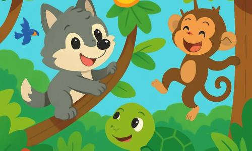 Un petit loup nommé Loupou, avec un pelage gris et des yeux curieux, grimpe sur une branche d'arbre, souriant. À côté, Léa la tortue, avec sa carapace verte, admire la scène, tandis qu'Hugo le singe, aux poils bruns, balance d'une branche à l'autre en riant. La scène se déroule dans une jungle luxuriante avec de grands arbres, des fleurs colorées et des oiseaux brillants. Loupou et ses amis sont en quête d'un fruit magique doré au sommet d'un arbre majestueux, unis dans leur aventure et prêts à relever le défi de la jungle.