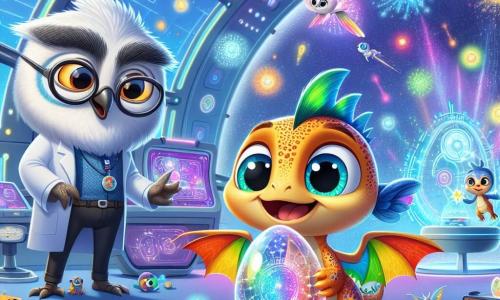 Flami, un petit dragon aux écailles brillantes changeant de couleur, se tient au centre de la scène, émerveillé et souriant. Ses ailes scintillent comme des arcs-en-ciel, entourées de petites étoiles lumineuses. À ses côtés, le Professeur Lumino, un hibou sage aux plumes argentées et lunettes rondes, l'observe avec fierté, tenant un gadget futuriste. Le décor est le laboratoire du Professeur, une bulle de verre au bord d'un lac scintillant, avec des machines bourdonnantes et des écrans projetant des galaxies lointaines. Flami découvre le Visio-Explorateur, une capsule en forme d'œuf, prêt à vivre une aventure incroyable à travers le temps, entouré de lumière et d'éléments futuristes symbolisant l'exploration et la magie de la découverte.