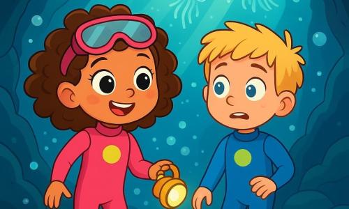 Lila, une fille de 6 ans aux grands yeux brillants et aux cheveux bouclés, porte une combinaison de plongée rose et sourit en tenant une petite lampe étanche, tandis qu'elle explore une grotte sous-marine. À ses côtés, Téo, un garçon de 7 ans aux cheveux blonds et en combinaison de plongée bleue, observe la grotte avec excitation et nervosité. La scène se déroule dans une grotte où des rayons de lumière illuminent des parois rocheuses et des méduses flottantes, créant une ambiance magique. Ils se trouvent dans une petite salle d'eau, entourés de bulles d'air, tandis qu'un escargot de mer coloré ajoute une touche de vie à ce paysage enchanteur.