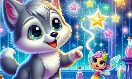 Un petit loup nommé Luna, aux poils gris et doux, avec de grands yeux brillants de curiosité, se tient au centre de la Salle des Étoiles. Il admire les étoiles scintillantes qui dansent autour de lui. À ses côtés, Inka, une petite fée aux ailes translucides et colorées, virevolte joyeusement, prête à aider. La Salle des Étoiles, vaste et avec des murs transparents, offre une vue spectaculaire sur l'univers, illuminé par des étoiles de différentes couleurs et des potions flottantes. Luna et Inka s'apprêtent à lancer une potion étincelante vers les étoiles pour restaurer leur éclat, remplis d'énergie et d'excitation.