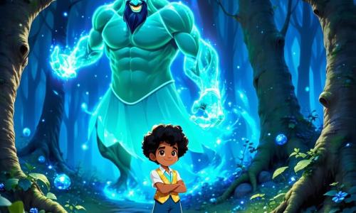 Aladdin, un garçon de dix ans aux cheveux noirs et bouclés, porte un pantalon bleu vif et un gilet doré scintillant. Son visage exprime curiosité et émerveillement devant un sentier mystérieux dans la forêt. À ses côtés, un génie flamboyant, grand et lumineux, avec une peau turquoise et des yeux pétillants, flotte dans les airs, les bras croisés, souriant. Le décor est une forêt magique avec des arbres noueux et des feuilles vert éclatant, parsemée de fleurs colorées. Des rayons de soleil percent le feuillage, créant des ombres dansantes. Aladdin hésite entre trois sentiers enchantés, chacun entouré de mystères, tandis que le génie lui explique l'importance de faire le bon choix pour sauver la forêt.