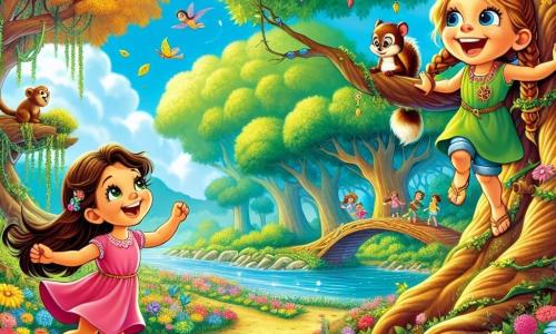Dans une forêt magique, deux petites filles, Katie et Louise, vivent une aventure. Katie, 7 ans, a de longs cheveux bruns, des yeux pétillants, une robe rose et des sandales jaunes. Elle saute de joie près d'un grand arbre aux feuilles dorées. Louise, aussi âgée de 7 ans, a des cheveux blonds en tresses, des yeux bleus brillants, une tunique verte et un short en denim. Elle observe un petit écureuil sur une branche au-dessus d'elle. La forêt est peuplée d'arbres géants, de fleurs colorées, avec une rivière scintillante et un pont de feuilles. Au centre de l'illustration, les deux amies découvrent une porte secrète derrière un buisson, prêtes à entrer dans un monde magique, encouragées par des animaux amicaux comme un lion souriant et un écureuil curieux.