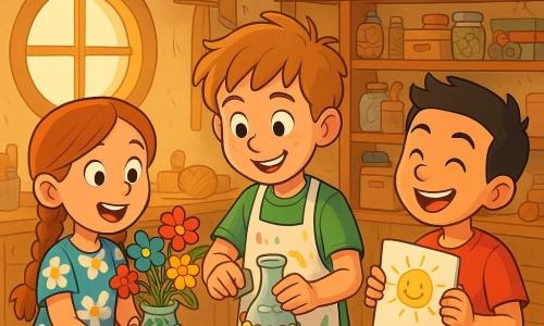 Trois enfants d'environ 8–9 ans dans un atelier lumineux sous les combles : un garçon châtain clair, tablier taché de peinture, souriant et concentré, assemble un vase bricolé en tenant une petite éponge et un pot en verre décoré de perles ; Zoé, en robe à fleurs et cheveux tressés, émerveillée, place un bouquet coloré à gauche du garçon ; Léo, cheveux noirs en brosse, rit en montrant son porte-dessins bricolé posé à droite ; poutres apparentes, étagères pleines de boutons, ficelles et boîtes étiquetées, fenêtre ronde laissant une lumière dorée, ambiance chaleureuse, couleurs vives, esprit d'entraide et de découverte.