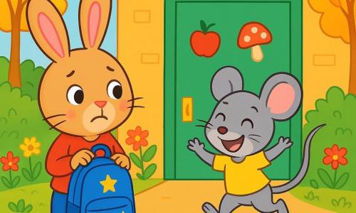Lapinou, un petit lapin aux grandes oreilles et au pelage soyeux, se tient devant la porte de l'école, les yeux brillants d'excitation et d'appréhension, serrant son cartable bleu à étoiles jaunes. À côté, Souricette, une petite souris grise au sourire radieux, joue à la marelle avec joie. La porte de l'école, grande et verte, est décorée de dessins de pommes et de champignons, tandis que des fleurs multicolores bordent le chemin et que des arbres aux feuilles dorées dansent au vent. Lapinou hésite un instant, observant ses amis entrer en classe, prêt à surmonter sa peur et à découvrir l'école.