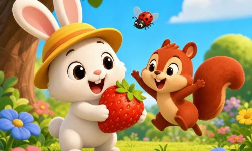 Petit Lapin, un lapin blanc au pelage doux portant un chapeau jaune, sourit en tenant une grosse fraise rouge; un écureuil roux à queue touffue rit et bondit près d'un arbre pendant qu'une coccinelle rouge à pois noirs vole au-dessus; le jardin ensoleillé, avec herbe verte, fleurs colorées, un arbre au tronc brun et des buissons sous un ciel bleu parsemé de nuages, dégage une ambiance chaleureuse et amicale.
