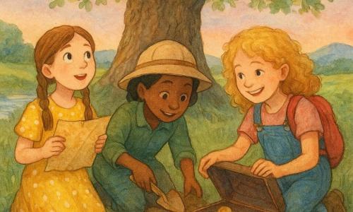 Trois fillettes (9 ans tresses châtain clair robe jaune à pois tenant une vieille carte à gauche, 8 ans cheveux noirs courts veste verte chapeau beige au centre creusant près d'une boîte métallique rouillée, 9 ans cheveux blonds bouclés salopette jean sac à dos rouge à droite tirant le couvercle et montrant des pièces anciennes) découvrent un trésor au pied d’un grand chêne ancien aux racines visibles, herbe haute et fleurs sauvages, rivière à gauche et collines à l’horizon, lumière douce de fin d’après-midi; boîte ouverte avec journal poussiéreux et pièces brillantes, terre remuée, éclats de rire; aquarelle granuleuse aux couleurs chaudes, textures papier, contours doux et détails d’expression nets.
