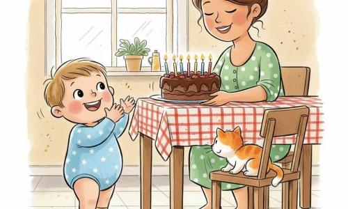 Garçon de 2 ans joyeux, cheveux châtain clair courts, debout sur la pointe des pieds en train d'applaudir devant un gâteau, vêtu d'un body bleu ciel à petites étoiles blanches et de chaussettes rayées jaunes, joues roses et bras levés ; sa mère d'une trentaine d'années, cheveux bruns en chignon et robe verte à pois, tient un grand gâteau au chocolat avec des bougies en souriant derrière la table ; un petit chat roux et blanc renifle le gâteau au bord de la table ; scène dans une cuisine ensoleillée avec grande fenêtre, carrelage clair, table en bois clair, nappe à carreaux rouges et chaise légèrement renversée — moment d'anniversaire intime et joyeux.