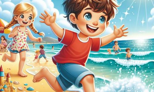 Un garçon de 8 ans, Jules, avec des cheveux bruns en bataille et des yeux pétillants, porte un t-shirt rouge et un short bleu. Il court sur la plage, les pieds dans l'eau turquoise, souriant largement. À ses côtés, sa sœur de 6 ans, avec des cheveux blonds tressés et un maillot de bain à fleurs, construit un château de sable. En arrière-plan, une mer scintillante sous le soleil, avec des parasols colorés et des familles qui s'amusent. Jules et sa sœur profitent d'une journée ensoleillée à la plage, riant et jouant ensemble.