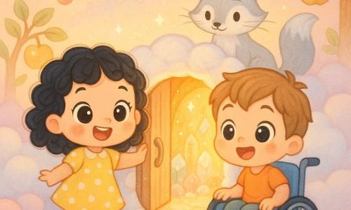 Trois personnages sur une colline de nuages : Lina, 4 ans, petite fille aux boucles noires en robe jaune à pois blancs, debout à gauche, souriante, tend la main vers une porte ronde de nuage ; Malo, 4 ans, garçon en fauteuil roulant à droite, veste bleue, cheveux châtain clair, les mains sur ses roues, regard ravi, petite cloche accrochée à son sac ; Lune-Rousse, renard argenté, assis derrière eux, regard malicieux, queue battant doucement. Ils ouvrent doucement la porte ronde sculptée dans un nuage menant à une petite grotte lumineuse aux pierres translucides ; ambiance chaleureuse et magique, rayons dorés et étincelles, ciel pastel avec papillons et arbres aux pommes dorées, composition centrée sur la porte ouverte et les trois personnages émerveillés.
