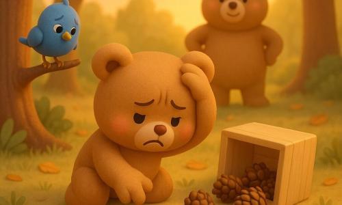 Petit Ours, un ourson en peluche brun clair aux joues rosées, accroupi et contrarié, a une patte sur la tête et l’autre tendue vers des pommes de pin éparpillées près d’une petite boîte en bois renversée; un oiseau bleu inquiet observe depuis une branche basse à gauche, et en arrière-plan une maman Ours ronde et souriante, mains sur les hanches, veille à la lisière d’une clairière baignée de lumière dorée de coucher, herbe courte et feuilles tombées — scène de petite catastrophe non menaçante, ambiance de surprise pouvant se transformer en réconfort.