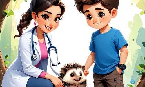 Dr Zoé, vétérinaire souriante en blouse blanche et stéthoscope, s'agenouille près d'un hérisson blessé. Lou, un garçon de 10 ans aux cheveux bruns et en t-shirt bleu, l'observe avec curiosité. La scène se déroule dans un parc verdoyant, sous un soleil éclatant. Dr Zoé examine le hérisson avec douceur, prête à lui apporter des soins.
