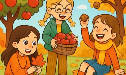 Il y a trois personnages : Léa, une fille de 10 ans avec de longs cheveux bruns, portant un pull orange et un jean, accroupie avec une feuille d'érable rouge ; Zoé, également âgée de 10 ans, avec des cheveux blonds en tresses et des lunettes rondes, souriante en ramassant des pommes dans un panier ; et Inès, une fille châtaine avec des taches de rousseur, assise sur une pile de feuilles, riant avec une noix. L'action se déroule dans un jardin automnal avec des pommiers chargés de fruits rouges et des noyers aux feuilles dorées, le sol couvert de feuilles colorées et un ciel bleu clair. Les trois amies s'amusent en cueillant des pommes et des noix, profitant de la beauté de l'automne.