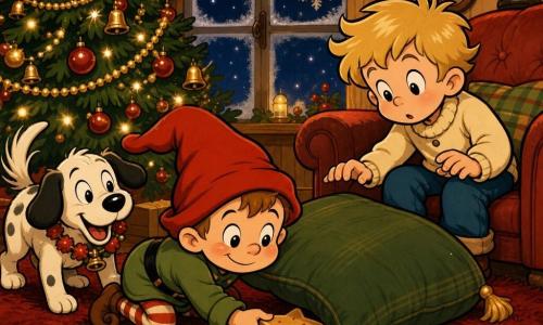 Un petit lutin de 2 ans au visage rond et bonnet rouge trop grand glisse un biscuit en forme d’étoile sous un coussin vert; Jules, 4 ans, cheveux blonds en bataille, assis à droite sur le canapé, le regarde, prêt à soulever le coussin; à gauche, un chien blanc tacheté avec une guirlande rouge remue la queue; en arrière-plan, un grand sapin décoré de boules rouges, guirlandes dorées et lumières; salon cosy avec tapis rouge, murs en bois clair et fenêtre givrée montrant la nuit étoilée; ambiance douce et espiègle, lumière chaude, couleurs saturées et style cartoon rétro.