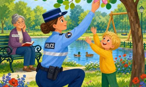 Une policière souriante et bienveillante en uniforme bleu clair (képi, bande réfléchissante), visage rond, cheveux bruns en chignon, s'agenouille pour tendre la main et récupérer un doudou rose à pois accroché à une branche; à côté d'elle, Léo, environ 7 ans, cheveux blonds en bataille, pantalon vert et pull jaune, visage soulagé et joyeux, regarde le doudou les mains levées; en arrière-plan à gauche, une bibliothécaire aux cheveux gris attachés, assise sur un banc, sourit; parc lumineux au bord d'un petit étang avec herbe verte, fleurs rouges et bleues, balançoires en bois et bancs en fer forgé; ambiance matinale douce, couleurs vives et traits simples et arrondis adaptés aux enfants.