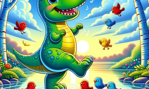 Un Tyrannosaure Rex nommé Rex se tient joyeusement au bord d'un lac étincelant, souriant. Il a une peau verte avec des taches jaunes, de grands yeux brillants et des bras courts qui bougent avec enthousiasme. Rex danse sur ses pattes arrière, ses petites pattes avant levées, montrant sa joie d'explorer. Autour de lui, des petits oiseaux colorés volent en cercles, chantant et riant, ajoutant de la vie à la scène. Le paysage est féerique, avec des arbres aux troncs bleus et des fleurs rouges éclatantes autour du lac. Le ciel est bleu profond avec des nuages blancs, et le soleil couchant projette des reflets dorés sur l'eau. Rex joue avec les oiseaux au bord du lac, admirant la beauté de la nature.