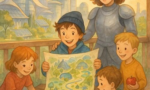 Un garçon de 10 ans, cheveux bruns en bataille sous un bonnet, veste bleue, est assis sur une terrasse en bois recyclé en train de présenter une grande carte dessinée à la main; à sa droite, une gardienne de nuit en combinaison argentée, sourire bienveillant, lui pose la main sur l'épaule; trois enfants (deux garçons et une fille, 8–11 ans) ajoutent des croquis et annotations autour de la carte; la terrasse surplombe la Cité des Vents aux toits en voiles, bâtiments futuristes, jardins suspendus et panneaux solaires; fin d'après-midi doré, lumière chaude, ambiance collaborative.