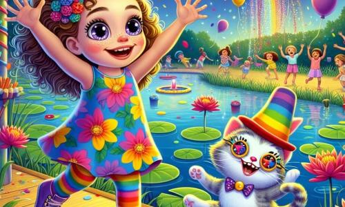 Lila, une petite fille de 5 ans aux grands yeux pétillants et aux cheveux bouclés, est au centre de l'image, vêtue d'une robe colorée à motifs floraux, levant les bras avec excitation. À ses côtés, un chat clown, portant un chapeau coloré et des lunettes de soleil, fait des pirouettes en riant. En arrière-plan, une chaussette magique aux yeux en boutons danse joyeusement sur des nénuphars au bord d'un lac. La scène est festive, avec des ballons, des enfants peignant des arcs-en-ciel, et des confettis multicolores, créant une atmosphère de bonheur et d'amitié autour de Lila et du Chat Clown découvrant la chaussette magique.
