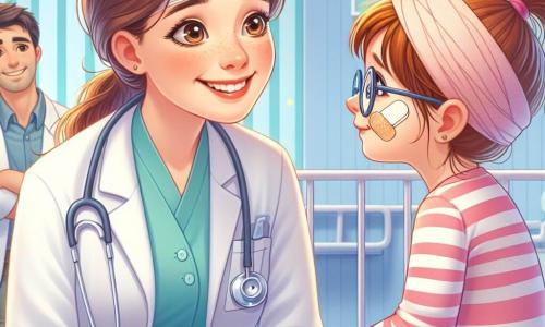 Une femme médecin, Dr. Émilie Moreau, souriante et bienveillante, est au centre de l'image, portant une blouse blanche et un stéthoscope. Elle s'accroupit pour parler à Camille, une petite fille de 8 ans avec des lunettes et un bandage sur le front, assise sur une civière et la regardant avec admiration. À côté, le père de Camille, souriant et soulagé, observe la scène avec fierté. La scène se déroule dans une salle d'urgence lumineuse, aux murs pastel et décorée de dessins d'enfants, créant une atmosphère chaleureuse. Dr. Émilie rassure Camille après un petit accident de vélo, expliquant avec douceur les soins à lui apporter.