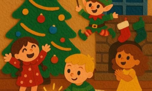 Quatre personnages dans un salon cosy : Léa (6 ans) aux deux tresses et manteau rouge à pois, à gauche du sapin levant les bras ; Tom (7 ans) cheveux blonds, pull vert rayé, assis devant le tapis au centre tend la main vers un biscuit lumineux ; Mia (5 ans) cheveux bouclés, robe jaune, à droite du sapin qui applaudit ; le Lutin Farceur en costume vert et rouge, chapeau à clochettes, sautant sur une branche en agitant une baguette brillante. Grand sapin décoré de guirlandes dorées et boules multicolores, tapis crème, cheminée en pierre avec chaussettes, lumière douce et étoiles par la fenêtre givrée. Les boules dansent sur le sapin et les biscuits se transforment en petits soleils lumineux ; les enfants rient et applaudissent dans une scène dynamique aux couleurs vives et textures feutrées.