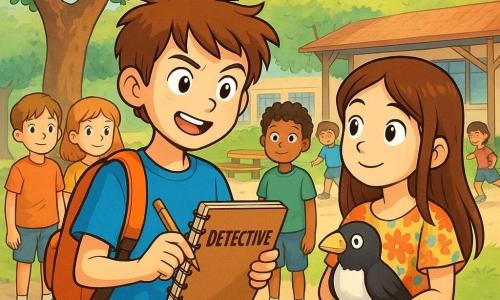 Un garçon de 10 ans, Timothée, aux cheveux châtains en bataille et aux yeux curieux, se tient au centre de l'image, un carnet de détective à la main, avec une expression déterminée. Il porte un t-shirt bleu et un short beige, avec un sac à dos orange. À côté de lui, Léa, une fille de 9 ans aux cheveux longs et bruns, en robe à fleurs colorées, le regarde avec admiration, tenant une peluche en forme de pie. En arrière-plan, le préau de l'école est lumineux, avec un vieux cerisier, des bancs en bois et des enfants jouant. La scène montre Timothée expliquant son enquête à ses camarades, entouré d'enfants attentifs.
