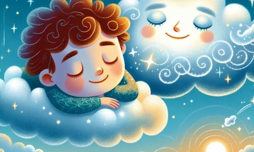 Un garçon de 12 ans, aux cheveux châtains et bouclés, est allongé sur un nuage moelleux, son visage serein et souriant, les yeux fermés. À côté de lui, un nuage plus petit, gris-argenté et amical, murmure des mots doux. Le ciel est bleu, parsemé d'étoiles et d'une lune éclatante, créant une atmosphère paisible. En dessous, la terre s'étend avec des maisons endormies et des champs dorés. Le garçon se laisse porter par une vague de bien-être, tandis que le Nuage Chuchoteur lui murmure des mots apaisants, l'invitant à se détendre et à plonger dans un sommeil réparateur.