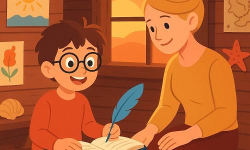Léo, un garçon de 8 ans avec des lunettes rondes et des cheveux bruns ébouriffés, est assis dans une cabane en bois, curieux. Il tient une plume bleue et un carnet ouvert, souriant émerveillé. Sa maman, une femme d'une trentaine d'années avec des cheveux blonds en chignon, regarde le carnet avec tendresse, assise sur un tabouret en bois. La cabane est décorée de dessins colorés, de coquillages et de cartes anciennes. La lumière du soleil couchant entre par la fenêtre, créant une ambiance chaleureuse. Léo découvre un trésor de souvenirs et d'histoires, entouré de l'amour et de la complicité de sa maman.