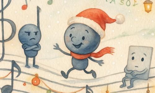 Personnage principal DO anthropomorphe, tête de note ronde avec hampe, jovial et timide, petite écharpe rouge et bonnet de Père Noël, souriant et gambadant sur une portée entre clé de sol et clé de fa; LA est une note allongée bleu foncé, sévère mais inquiète, bras croisés à gauche du DO sur la portée de la clé de fa; PAUSE est un symbole gris clair aux yeux doux et mains, hésitant mais curieux, assis à droite du DO; petites notes secondaires colorées (rouge, vert, jaune) forment une ronde joyeuse en arrière-plan tenant des mini-guirlandes; décor : grande partition paysage avec portées noires ondulées, neige légère tombant, guirlandes, boules de Noël et lanternes chaudes; scène festive montrant les notes formant une nouvelle petite portée appelée clé de FASOL, ambiance aquarelle douce, traits fins, palette pastel avec touches rouges et or.