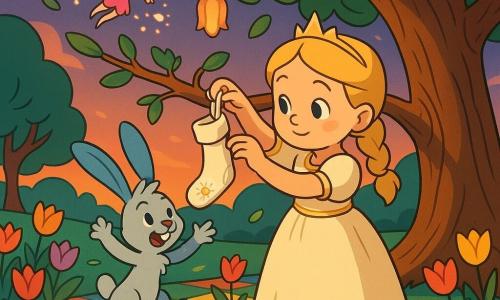 La princesse Éloïse, environ 8 ans, visage rond, cheveux blonds tressés, porte une robe crème bordée d'or et, d'un geste doux et résolu, accroche une chaussette blanche brodée d'un petit soleil à une branche basse ; Coquelin, un lapin gris clair aux longues oreilles bleues, gambade à gauche en essayant d'attraper la chaussette, espiègle, tandis que Mirabelle, une minuscule fée aux cheveux roses et ailes translucides, tient une pluie de pétales lumineux près de la branche ; l'Arbre des Promesses, à l'écorce texturée et aux larges branches courbées, domine la scène, entouré d'un jardin damier aux cases colorées et rangées de tulipes dansantes ; le vent soulève robe et pétales en rubans, créant un mouvement joyeux au crépuscule, couleurs saturées et ombres douces en cel-shading, composition centrée sur l'accrochage de la chaussette.