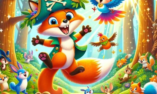 Un renard nommé Félix, au pelage orange vif et à la queue touffue, saute de joie avec un grand sourire, portant un chapeau de pirate en feuilles et fleurs. À ses côtés, un petit oiseau nommé Lili, aux plumes bleues éclatantes et aux yeux pétillants, virevolte avec un chapeau de princesse orné de fleurs. La scène se déroule dans une forêt enchantée, avec des arbres majestueux et des fleurs multicolores au sol, créant une atmosphère joyeuse et magique. Félix et Lili sont entourés d'autres animaux amusants, comme un lapin avec un chapeau de saucisse et un écureuil avec un chapeau en noix, tous riant ensemble. Ils organisent une course de chapeaux hilarante, pleine de rires et de surprises.