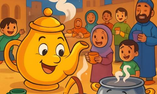 Timi, une théière souriante aux yeux pétillants et au bec en forme de sourire, verse un thé parfumé dans des tasses colorées. Elle est joyeuse, avec de la vapeur s'échappant de son couvercle. À côté, Mimie, une marmite ronde et chaleureuse, bouillonne d'excitation, affichant une expression amicale. La scène se déroule sur une grande place du village, décorée de guirlandes lumineuses et de tables de pâtisseries. Des enfants courent joyeusement tandis que des adultes se rassemblent pour partager le repas de l'iftar. Timi sert son thé aux villageois, leurs visages illuminés par la joie d'un moment convivial.