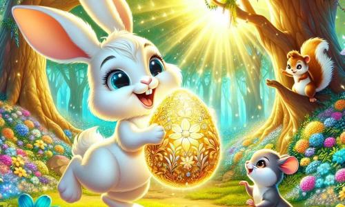 Un petit lapin nommé Léo, aux grandes oreilles et au pelage blanc, saute joyeusement dans une forêt enchantée, tenant un œuf doré dans ses pattes avant, entouré de fleurs colorées. À proximité, une petite souris nommée Mimi l'observe avec émerveillement, tandis qu'un écureuil nommé Titi grimpe à un arbre, curieux de l'œuf doré. La scène se déroule dans une forêt magique, avec des arbres majestueux et des fleurs multicolores, créant une atmosphère féerique. Léo vient de découvrir l'œuf doré et ses amis l'encouragent pour célébrer cette trouvaille.