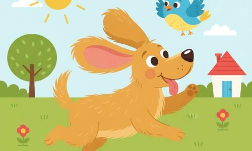 Chien doré aux grandes oreilles souples et pelage miel, yeux brillants, souriant, courant en levant une patte comme pour saluer; petit oiseau rond bleu et jaune, ailes déployées, souriant, vole juste au‑dessus de la tête, complice; jardin ensoleillé avec herbe verte, quelques fleurs rouges et blanches, petit arbre rond à gauche et maisonnette au fond à toit rouge; scène centrée et lisible pour tout‑petit montrant chien et oiseau jouant côte à côte, mouvement léger, formes douces et couleurs vives.
