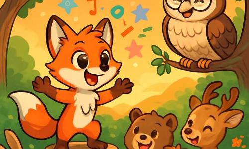 Un jeune renard aux poils roux, avec de grands yeux brillants et une expression déterminée, se tient sur une souche d'arbre dans une clairière. Il raconte une histoire, ses pattes avant levées, tandis que des mots colorés flottent autour de lui. À proximité, un vieux hibou sage, avec des plumes brunes et des lunettes rondes, l'observe avec un sourire bienveillant, semblant l'encourager. La clairière est illuminée par la lumière dorée du crépuscule, avec des fleurs colorées et des animaux rassemblés autour, leurs visages remplis de joie. Félix, le renard, prend courageusement la parole devant ses amis, partageant une histoire avec passion dans une atmosphère chaleureuse et festive.