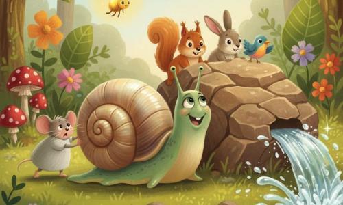 Un escargot espiègle en gros plan, coquille irisée, corps vert tendre, pousse un rocher avec un petit pied glissant, sourire malicieux ; à gauche, Marguerite la souris grise, ronde, sur ses pattes arrière, pousse énergiquement ; au‑dessus, Lila la luciole éclaire la scène d'une lueur jaune chaude. Autour, une forêt enchantée vive — feuilles nervurées, champignons rouges à pois blancs, mousse émeraude et fleurs colorées —, tandis que plusieurs petits animaux (écureuils, lapins, oiseaux) poussent ensemble le rocher pour libérer un ruisseau étincelant qui jaillit à droite, éclaboussant en gouttes brillantes; atmosphère chaleureuse, solidarité, textures de gouache et contours doux.