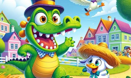 Un crocodile joyeux nommé Croco, avec une peau verte et des yeux malicieux, porte un chapeau haut de forme qui tourne sur sa tête. Il court avec un grand sourire, ses petites pattes palmées agitant dans tous les sens. À ses côtés, une chèvre espiègle nommée Chacha, au pelage blanc et aux cornes en spirale, porte un béret rouge et est coincée dans une botte de foin, riant aux éclats. Non loin, un canard amusant nommé Coincoin, avec un plumage jaune vif et un sombrero, court après son chapeau emporté par le vent. La scène se déroule dans le village coloré de Rigoloville, entouré de maisons pastel et d'un grand champ verdoyant, sous un ciel bleu éclatant. Au centre, un grand arbre majestueux marque la ligne d'arrivée de la course. Croco, Chacha et Coincoin sont en pleine course de chapeaux, avec des expressions hilarantes, tandis que les autres animaux du village les regardent en riant et en applaudissant, créant une atmosphère joyeuse et festive.