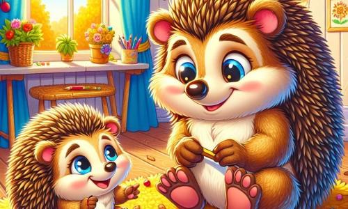 Prunille, un petit hérisson aux piquants doux, est assis sur un tapis de feuilles dorées, souriant joyeusement. Ses yeux brillent d'excitation alors qu'il tient un crayon et regarde une feuille blanche pleine de croquis colorés. À côté de lui, son papa hérisson, plus grand et costaud, l'observe avec tendresse, tenant une grande brosse à dents en bois, symbole de la course à venir. La scène se déroule dans une chambre de hérisson décorée de guirlandes de fleurs et de dessins, avec une fenêtre ouverte laissant entrer la lumière du soleil. Prunille écrit une lettre pour la fête des pères, entouré de feuilles et de crayons, tandis que son papa l'encourage, créant une ambiance chaleureuse et festive.