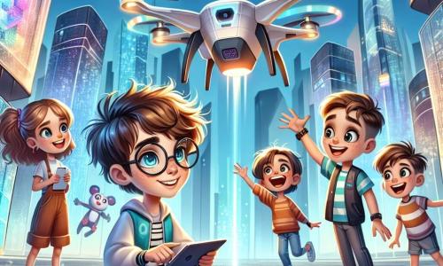 Milo, un garçon de dix ans avec des cheveux en désordre et des lunettes rondes, admire un drone dans les airs. À sa droite, Clara, une fille aux cheveux châtains, tient une tablette interactive pour programmer le drone. À gauche, Léo, aux boucles brunes, sourit en montrant un hologramme coloré. Yan, un garçon aux cheveux courts, fait une blague qui fait rire les autres. Le décor est une place futuriste de Néotropolis avec des pavés lumineux et des gratte-ciels en verre. Les enfants sont en quête d'un cube magique, résolvant des énigmes technologiques avec excitation et curiosité.