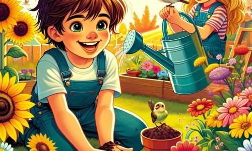 Un garçon de 12 ans, Simon, est accroupi dans un jardin coloré, les mains pleines de terre, en train de planter des graines. Il sourit avec enthousiasme, entouré de fleurs éclatantes. À ses côtés, Léa, une fille de 11 ans, tient un arrosoir et l'observe avec admiration. Plus loin, Tom, un garçon de 12 ans, essaie de remettre un oisillon dans son nid. Le jardin est en pleine floraison, baigné de lumière dorée, avec des tournesols, des géraniums et des crocus. Simon, Léa et Tom partagent des rires et prennent soin de la nature, découvrant la magie du printemps ensemble.