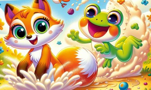 Un renard orange nommé Roxy, avec une fourrure brillante et une grande queue douce, se tient au centre de la scène, surpris et amusé, entouré de nuages de farine. À sa droite, une grenouille verte nommée Gigi, avec de grands yeux et un sourire malicieux, saute joyeusement en éclaboussant des baies colorées. À sa gauche, un petit oiseau bleu appelé Petit Chou vole en cercles au-dessus de Roxy, riant de la situation. La scène se déroule dans une clairière ensoleillée, avec des arbres aux feuilles dorées et des fleurs éclatantes, créant une ambiance joyeuse. Roxy, en préparant un gâteau, a provoqué une explosion de farine et de baies, transformant la clairière en un festival de rires et de couleurs.