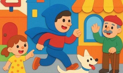 Super-Capuche, homme surpris et hilare en grande capuche bleue, veste courte et cape coincée à la ceinture, court en criant « Houp-là ! » pendant que des panneaux de rue changent seuls et créent un chaos comique ; une fillette de six ans en robe jaune à pois rit en pointant, un vieil homme moustachu avec canne et béret rouge salue depuis la boulangerie, et un petit chien blanc bondit autour, le tout sur une rue pavée colorée aux façades vives et guirlandes.
