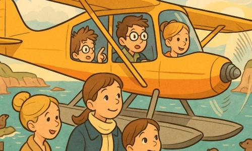 Jules, pilote souriant et serein au visage rond, lunettes fines et cheveux châtain courts, en veste de pilote bleue et écharpe beige, tient le manche de l’hydravion en regardant la mer ; une petite fille d’environ 6 ans aux tresses brunes et yeux émerveillés, veste rouge, serre une bouée de sauvetage en regardant par la fenêtre à côté de lui ; un garçon d’environ 9 ans, lunettes et cheveux en bataille, sac à dos kaki, pointe une famille de phoques à la surface derrière la fillette ; une femme adulte, mère, cheveux blonds en chignon et sourire rassuré, tient la main de la petite fille près de la porte ; décor : petit quai en bois, eau turquoise scintillante, falaises rocheuses et phoques sur les rochers, ciel lumineux avec nuages moutonneux et rayon de soleil doré ; scène : hydravion jaune en vol basse altitude au-dessus de la côte, atterrissage doux ou survol calme, mouvements légers, ambiance sécurisante, couleurs douces, contrastes lumineux, traits ronds et texture aquarelle.