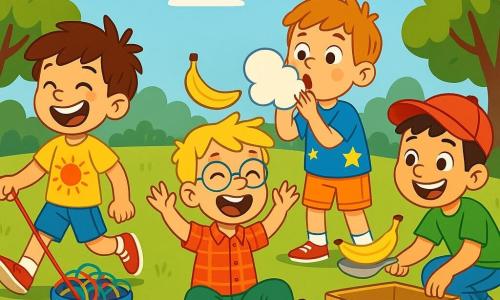 Quatre enfants jouent dans un parc ensoleillé. Max, 8 ans, a des cheveux bruns en bataille et porte un t-shirt jaune. Il tire un seau coloré rempli de ficelles en riant. Léo, 7 ans, avec des cheveux blonds et des lunettes rondes, est assis par terre avec une banane sur la tête. Timothée, 8 ans, a des cheveux châtains et souffle dans un carton en forme de nuage. Victor, 8 ans, porte une casquette rouge et est accroupi à côté d'un chariot fait maison avec une banane dans une cuillère. Tous s'amusent dans un grand espace herbeux, entourés de rires et de joie.