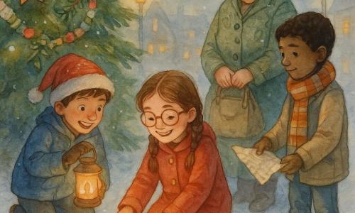 Lila agenouillée pose une petite bougie dans un bocal au pied d’un grand sapin décoré sur la place du village enneigée la nuit ; Tao, à gauche, protège la flamme avec un lampion, Amir, à droite, tend une carte froissée, Mme Rosa se tient derrière, fière, mains sur son sac, autour du sapin une couronne d’objets (étoile en papier, branche d’eucalyptus, tissu coloré, clochette), lampadaires jaunes et guirlandes multicolores diffusent une lumière chaude, atmosphère de partage aux reflets tremblants sur la neige, palette aquarelle aux tons chauds et pastel